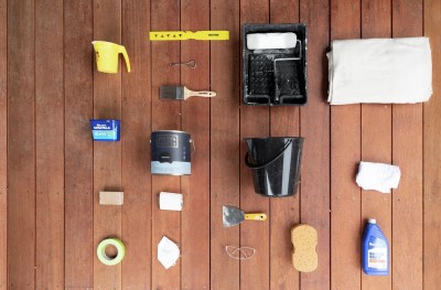 Tools and materials needed to paint a feature wall